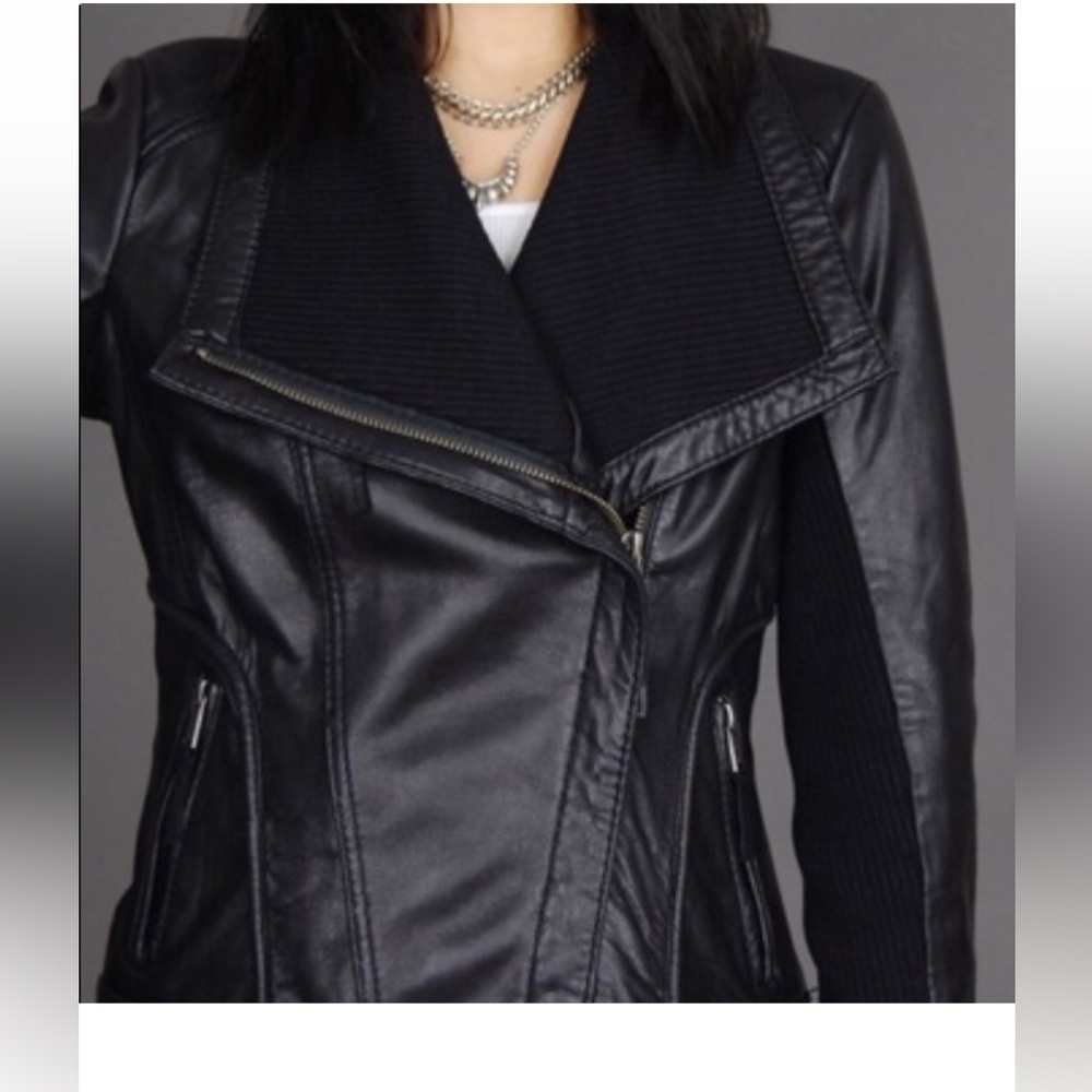 Michael Kors Black Leather Jacket with Funnel Neck XS